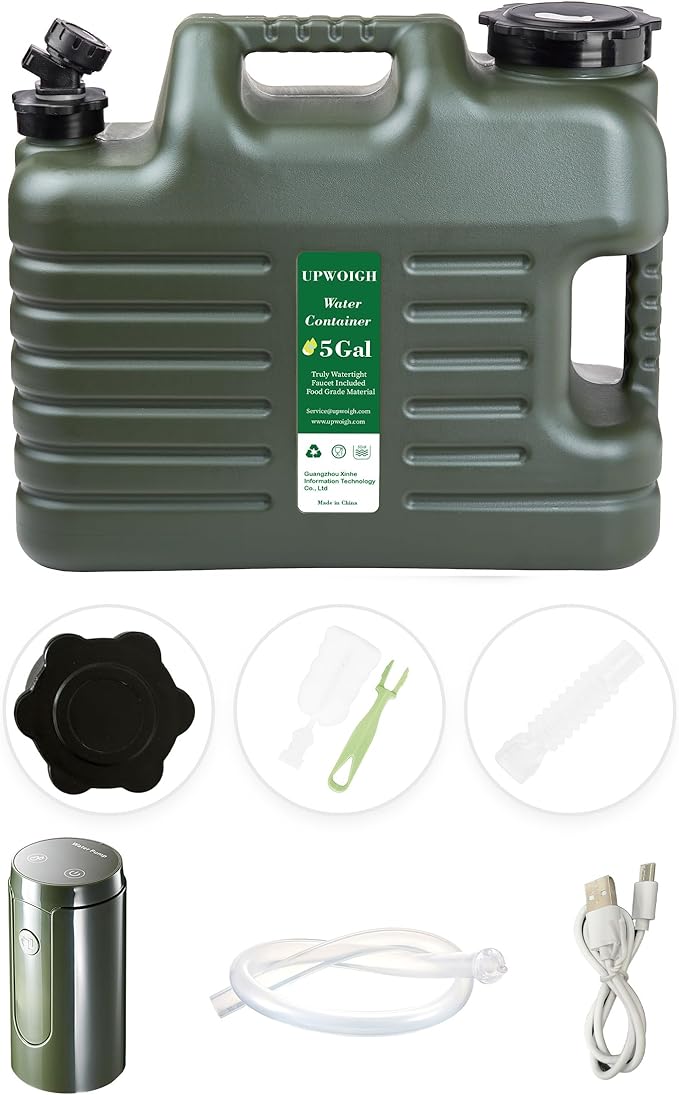 UPWOIGH Portable 5 Gallon Water Jug with Automatic Touch Control Pump,Truly No Leakage Water Container with Spigot,Type-C Rechargeable Military Green Water Pump Gear for Outdoors Camping Hiking
