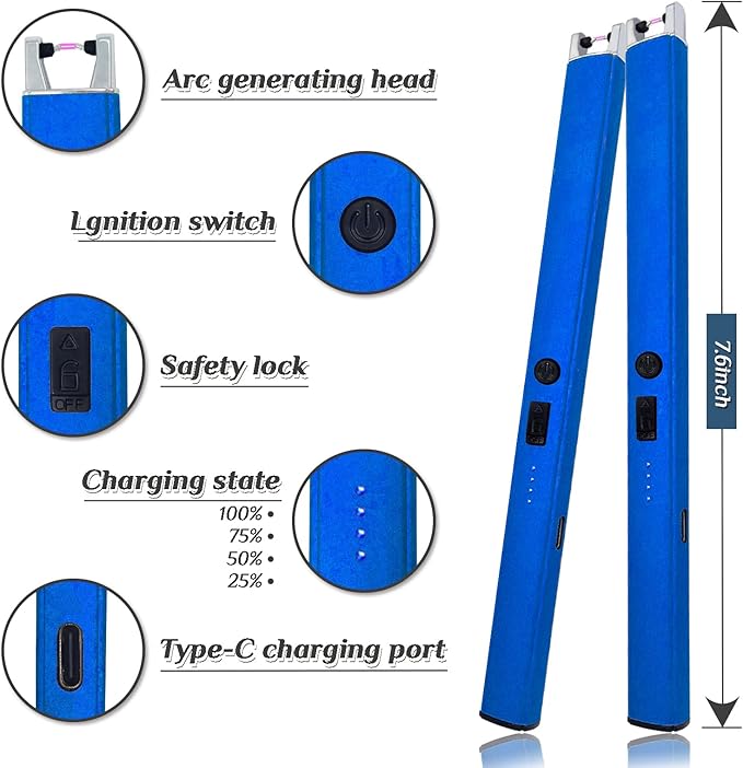 2 PCS Candle Lighter,Windproof Flameless Electric Lighter with LED Power Display & Safety Switch, Upgraded Plasma USB Rechargeable Lighter for Birthday Camping BBQ (Blue)