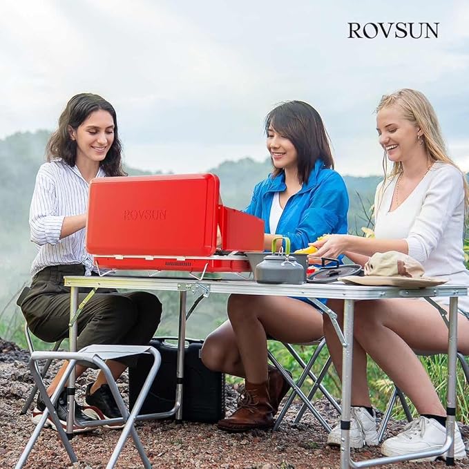 ROVSUN 2-in-1 Portable Camping Stove & Propane Grill with Enamel Griddle & Piezo Igniter, Tabletop Camp Stove with Built-in Handle, Wind Panel & Regulator for Camping, Tailgating, Grilling (Red)