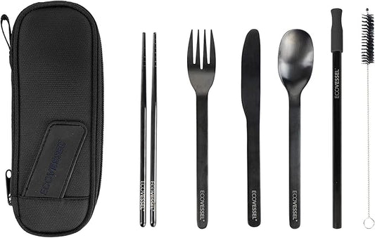 EcoVessel WANDERWARE Stainless Steel Utensils Set, Reusable Cutlery Set with Carry Case Camping Accessories, Travel Utensils With Case – 6 Pcs (Black Smoke)