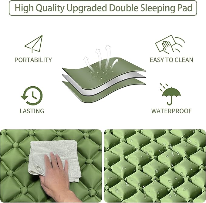 Double Sleeping Pad for Camping, 2 Person Ultralight Inflatable Sleeping Mat with Pillow and Built-in Foot Pump, Portable Camping Mattress for Tent, Backpacking, Hiking, Traveling(Green