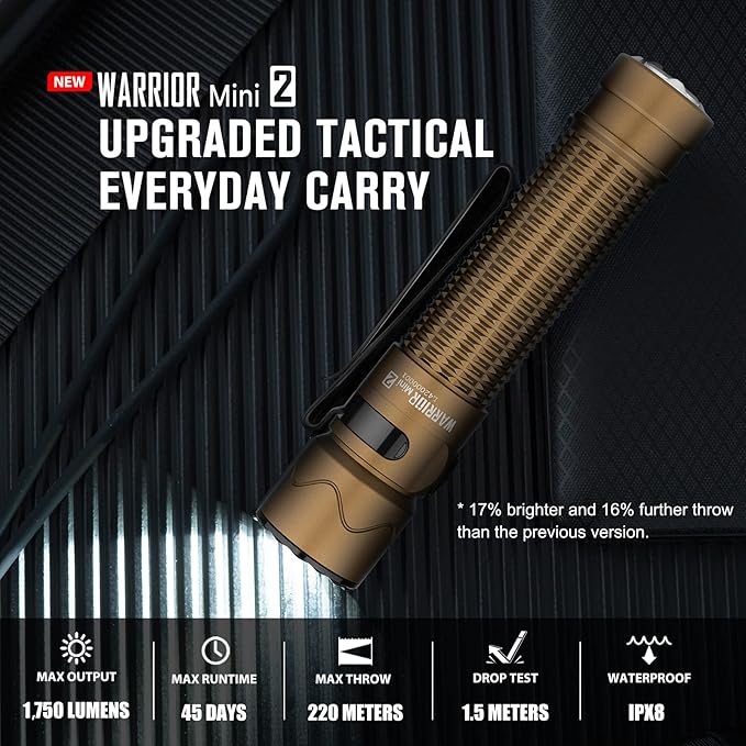 OLIGHT Warrior Mini2 1750 Lumens Rechargeable Tactical Flashlight with Dual Switch and Proximity Sensor, High Performance LED Flashlights for EDC, Outdoor, Camping and Emergency (Desert Tan)