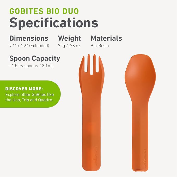 GoBites Duo and Bio Duo Travel Silverware, Full Size Portable Fork & Spoon, Reusable Utensil Set, PC and BPA-free, Food-Safe Nylon or Plant-Based Resin, Extended - 9.1” X 1.6”