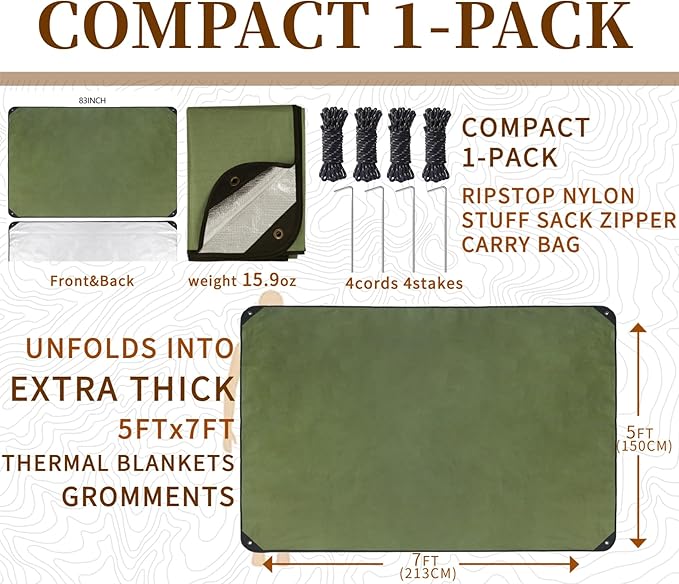 Heavy Duty Survival Blanket -Multifunctional Reflective Tarp Thermal Blanket - 60" x 83" Waterproof Sandproof for Camping Hiking Outdoors Multifunctional Emergency Blanket