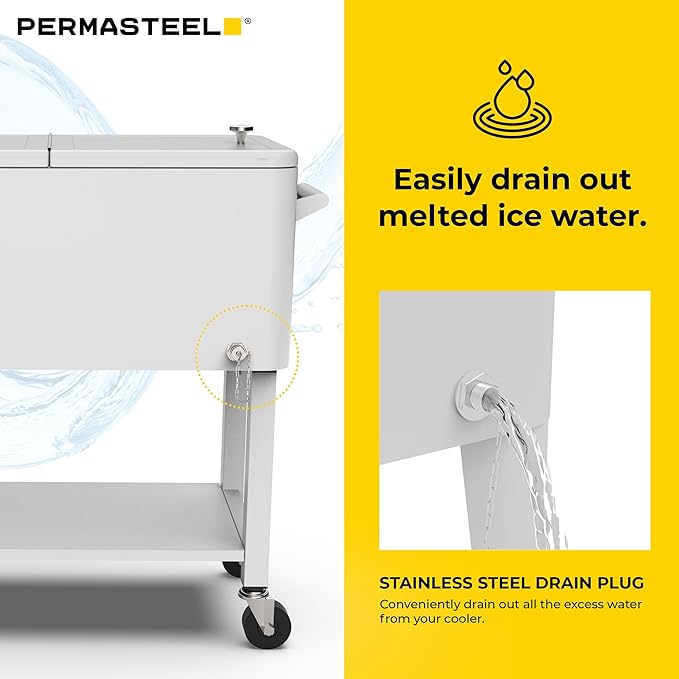 Permasteel 80-Qt Outdoor Patio Cooler with Removable Basin, Outside Beverage Cooler Cart, Rolling Cooler with Wheels and Handles, White