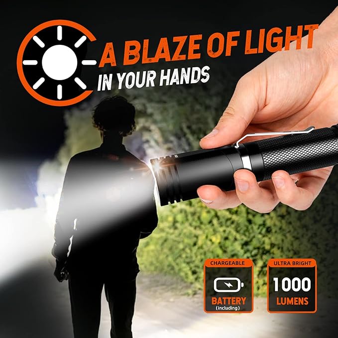 NICRON Flashlights,Rechargeable Magnetic Flashlight Super Bright 1000 lumens 6 Modes led Flashlight for Camping,Garage Work, 90°Twist EDC Pocket Tactical Flashlight IP65 Waterproof N9
