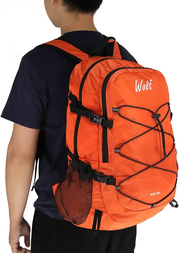 WOLT 40L Packable Travel Backpack, Foldable Lightweight Backpack for Men Women,Waterproof Hiking Bag for Outdoor Camping (Orange)
