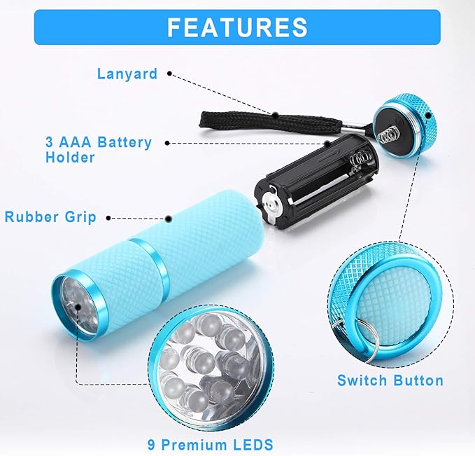 8 Pieces Glow in Dark Flashlights 9 LED Rubber Coated Flashlights with Handle Mini Torch LED Fluorescent Flashlight Aluminum Portable Handy Flashlight for Party Hiking Camping in 4 Colors