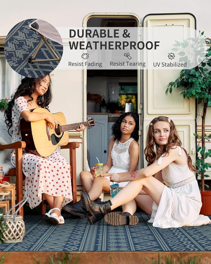 MontVoo Outdoor Rug 8x10 Waterproof Outdoor Patio Rug Mat Reverisble Plastic Straw Outdoor Rug for RV Camping Picnic Beach Balcony Boho Blue Green