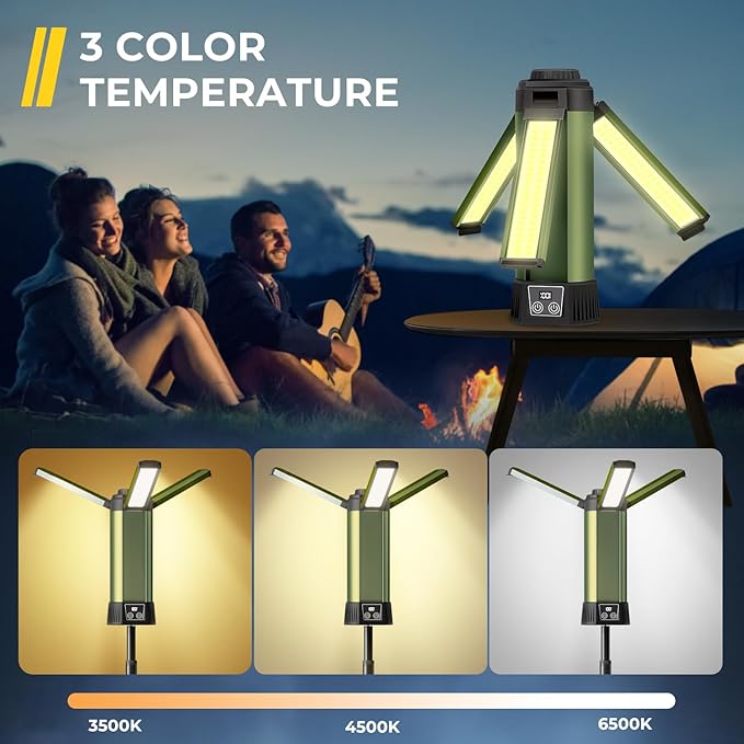 Rechargeable Camping Light with Stand, Outdoor LED Cordless Work Light, Portable Telescopic Bracket, 6AH Battery 500/1000/2000 Lumen, 3500K/4500K/6500K, Construction Lights