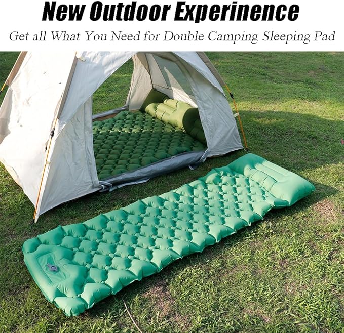 Sleeping Pad for Camping, Inflatable Sleeping Mat with Pillow, Camping Pad with Built-in Foot Pump, Lightweight Camping Mattress Pad for Car Camping, Backpacking, Tent and Hiking (Full (Green))