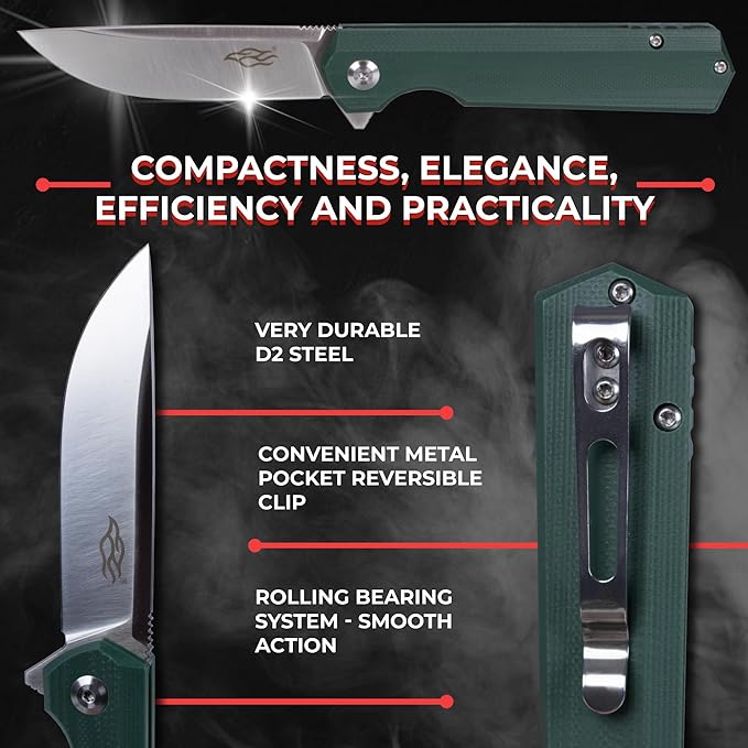 Firebird GANZO FH11 Top Pocket Folding Knife D2 Steel Blade Anti-slip G10 Handle with Clip Hunting Gear Fishing Camping Outdoor Folder EDC Pocket Knife (Green)