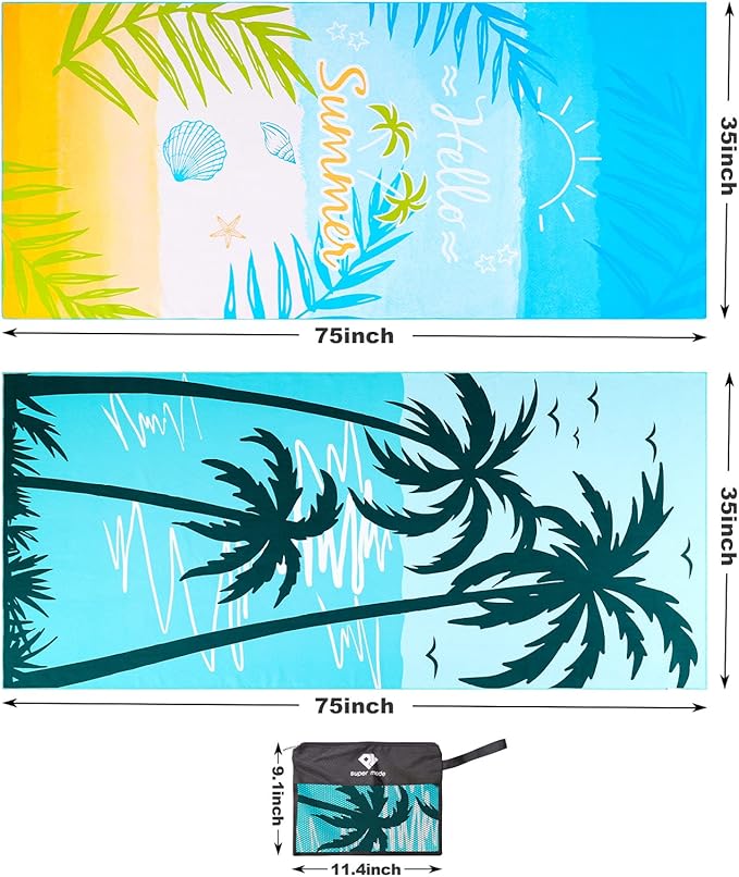 2 Pack Microfiber Beach Towel, Oversized Microfiber Pool Towel 75”x 35”, Sand-Free Beach Towel, Quick Drying Camping Towel, Super Absorbent Bath Towel Blanket, Soft Breathable and Lightweight