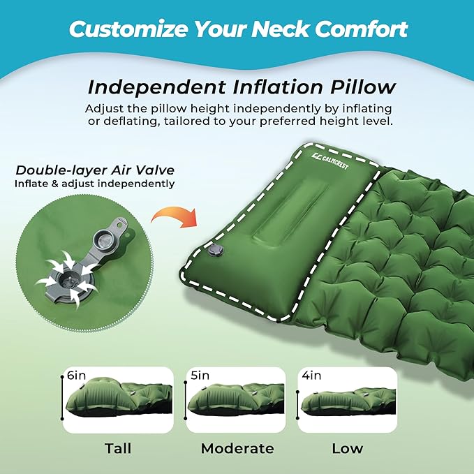 Sleeping Pad for Camping, 4in Thickness Inflatable Sleeping Mat with Adjustable Pillow & Built-in Foot Pump,Lightweight Camping Air Mattress with Waterproof Nylon for Hiking,Traveling-Green