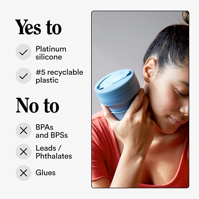 STOJO Collapsible Travel Cup - Steel Blue, 12oz / 355ml - Leak-Proof Reusable To-Go Pocket Size Silicone Bottle for Hot & Cold Drinks - Camping & Hiking - Dishwasher Safe - No Straw Included