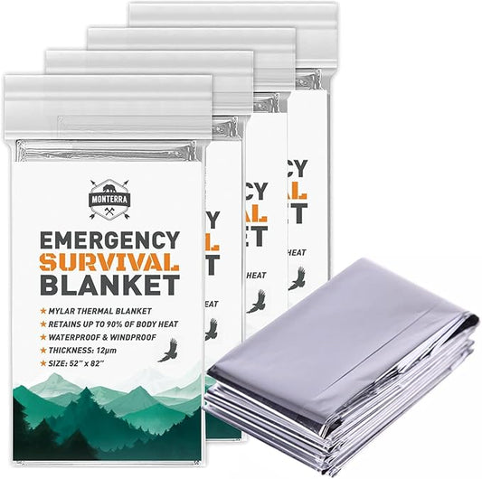 Emergency Blankets for Survival, 4 Pack, Mylar Foil Blankets, Thermal Space Blanket, Car Supplies, Camping Accessories, Hiking, Outdoor Gear and Equipment, Bug Out Bag.