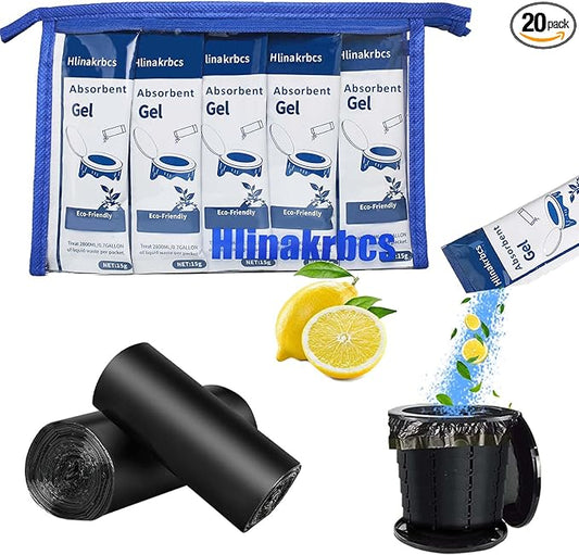 20 Pack Poo Urine Powder(Lemon Scent,15g/Pack) with 20 Count Portable Toilet Bags,Portable Toilet Powder,Urine Solidifier for Camping
