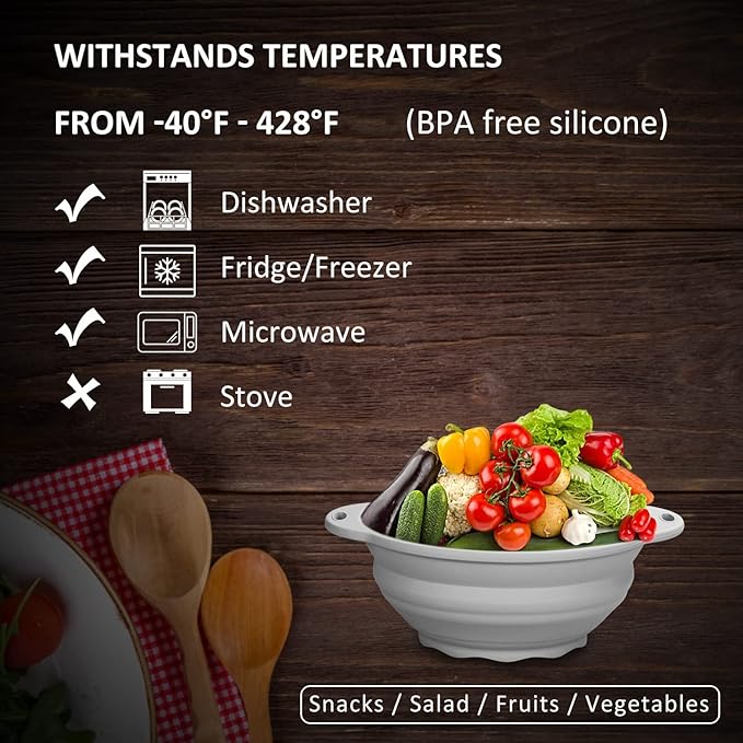 Collapsible Silicone Salad Bowl 64oz Camping Bowl Outdoor Hiking Travel Durable Bowl for Storage and Mixing Food-Grade Silicone Food Storage Container 1 Pack (Grey)