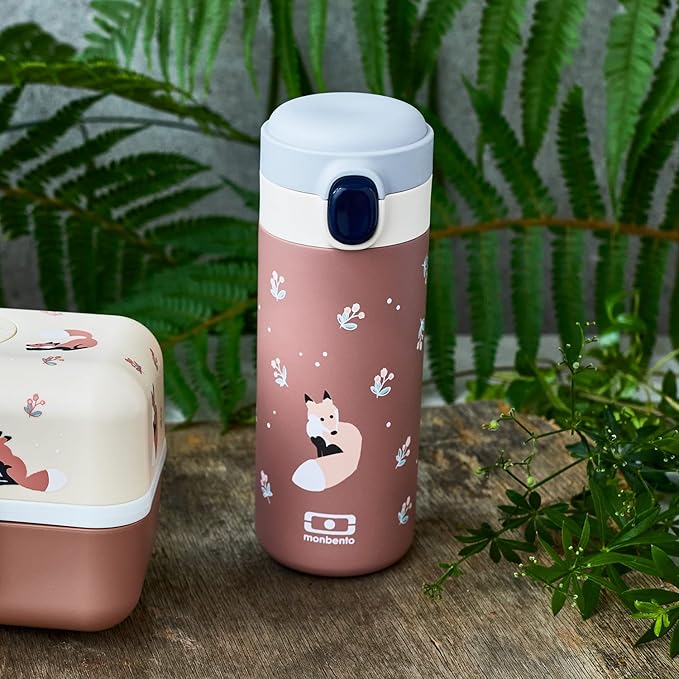 MONBENTO - Insulated Water Bottle MB Pop cinnamon Fox - 11 floz/360ml Leakproof Metal Water Bottle - Keeps Drinks Hot/Cold - Stainless Steel Bottle for Kids & Adult - Sports Cap - BPA Free - Fox