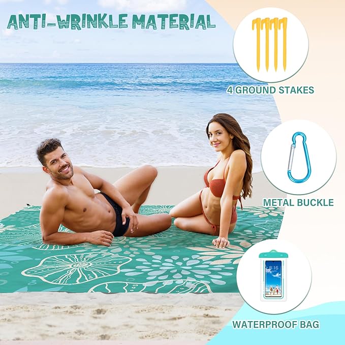 Beach Blanket Waterproof Sandproof 1-7 Adult Oversized 78 '' × 81 '' Lightweight Durable Compact Sand Free Beach Mat for Travel Camping Hiking Picnic Blanket Extra Large