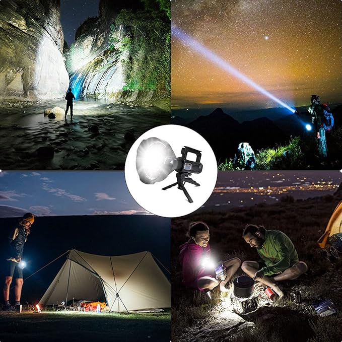 Foleto Rechargeable LED Spotlight Flashlights 120000 High Lumens, Super Bright Flashlight with 4 Modes IPX5 Waterproof, Large Searchlight for Fishing, Hiking and Camping with Tripod(Large)