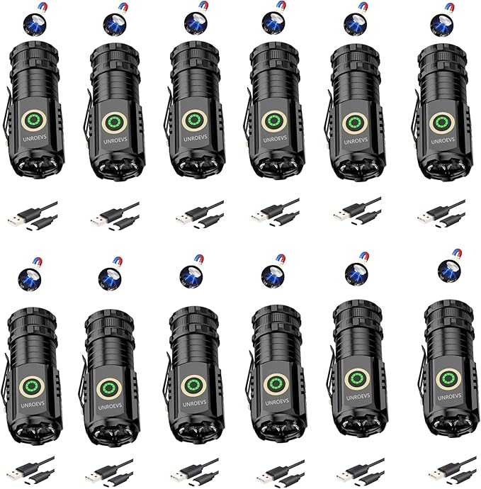 Mini Flashlight 2550 Lumens Rechargeable USB C Charging, Small Flashlights High Lumens 5 Modes, Pocket Flashlight with Clip, Magnetic Flashlight for EDC,Camping, Hiking,Emergency (12 Pack)