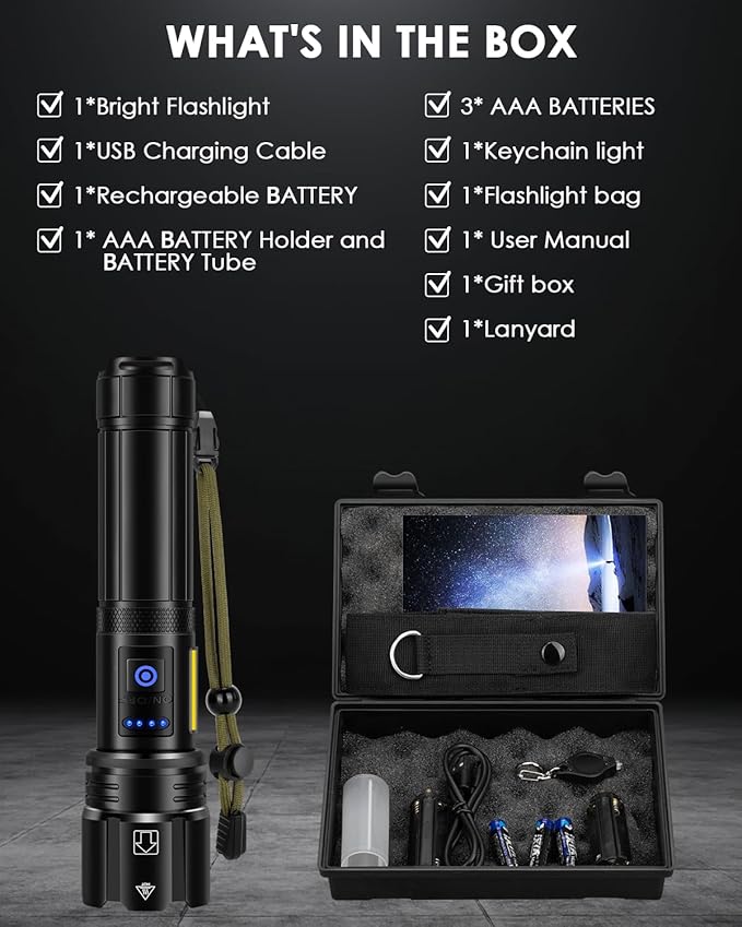 Flashlights High Lumens Rechargeable, 990000 Lumens Bright Flash Light, Powerful LED Flashlights, 15h Runtime, IPX7 Waterproof Flashlights for Home, Camping, 7 Modes