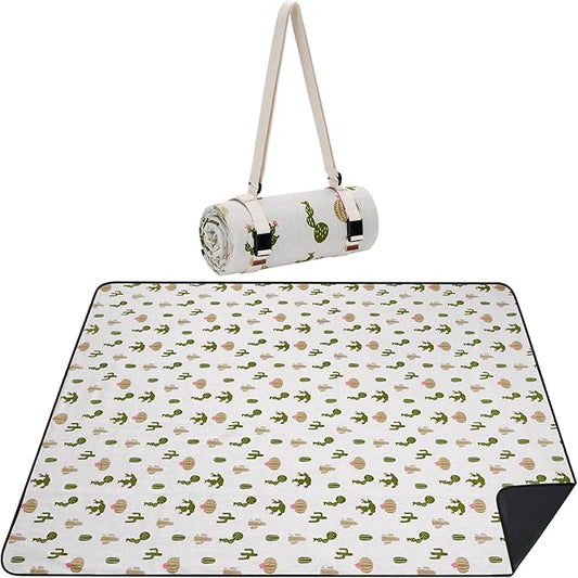 Picnic Blankets Washable | Beach Mat Sand Free Waterproof | Camping Blankets | Emergency Blankets | Picnic Baskets Accessories with Waterproof Backing and Shoulder Strap - Cactus
