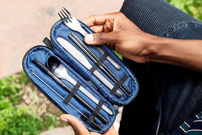 EcoVessel WANDERWARE Stainless Steel Utensils Set, Reusable Cutlery Set with Carry Case Camping Accessories, Travel Utensils With Case – 6 Pcs (Black Smoke)