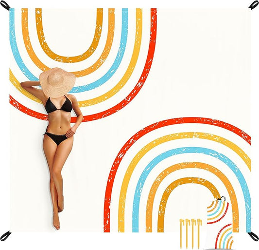 Beach Blanket Waterproof Sandproof, Extra Large Sand Free Beach Mat, Big Compact Lightweight Quick Drying Picnic Blanket with 4 Stakes & Pockets for Camping, Travel, Hiking, Essentials for Outdoor