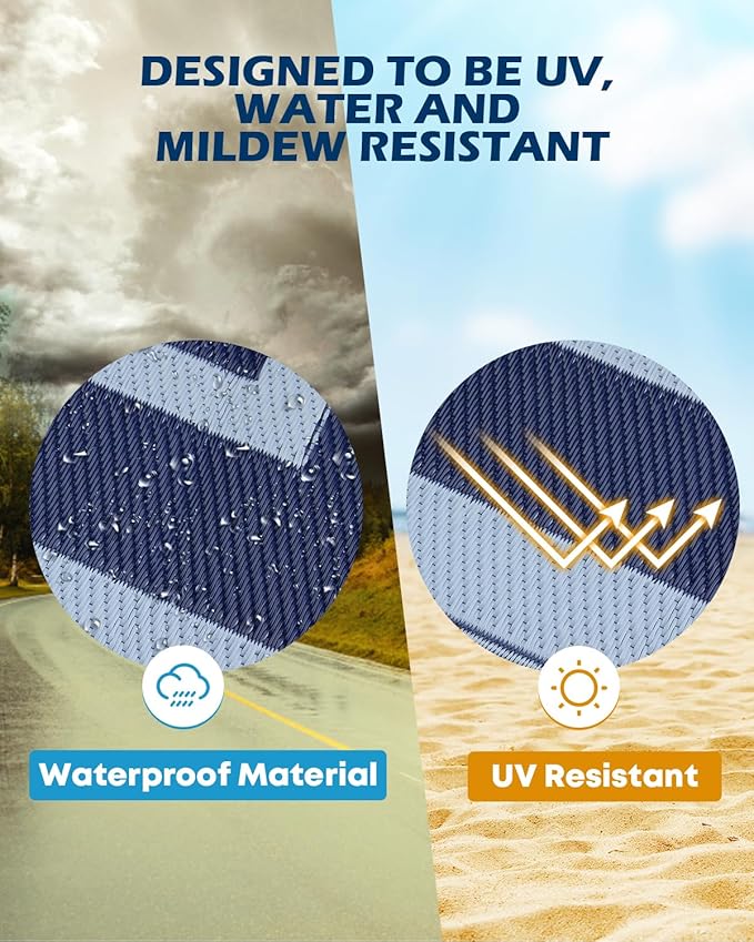 Kohree RV Outdoor Rug 9x12 Reversible, Waterproof Patio Mat with 4 Stakes & UV Fade Resistant, Non-Slip Outdoor Camping Mat for Deck, Picnic, Backyard, Includes Carry Bag (Blue)