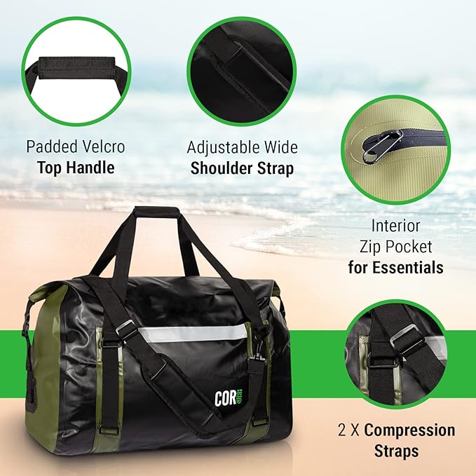 Waterproof Duffel Bag 60L Extra Large | Heavy Duty Dry Duffle Gear Bag with Durable Compression Straps & Handles for Surf Paddle Dive Snowboard Kayak or Motorcycle by Cor Surf