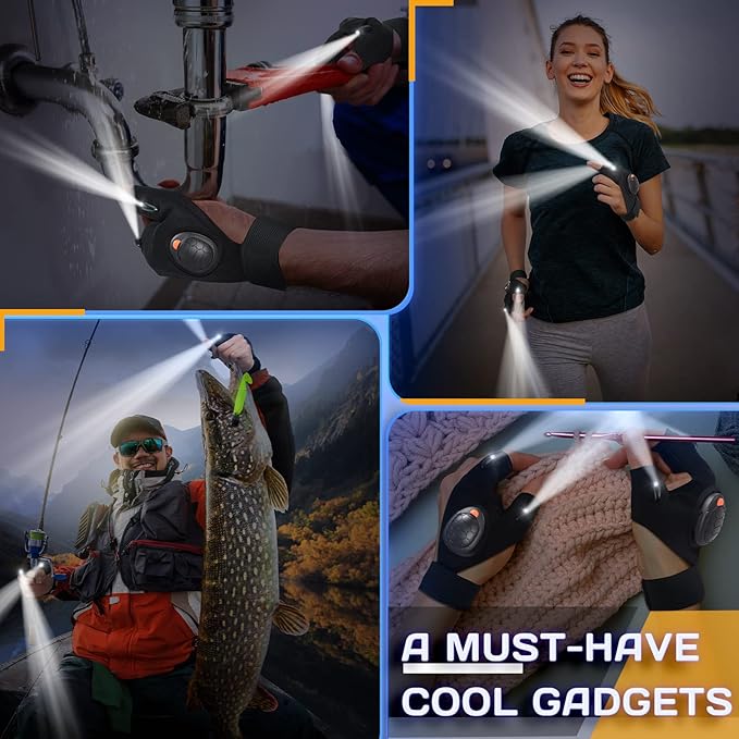 Stocking Stuffers LED Gloves with Waterproof Lights - 2 Pack Rechargeable Handsfree Finger Light Gifts for Men Women Cool Tools Gadgets Glove for Camping Fishing Unique Christmas Birthday Gift Ideas