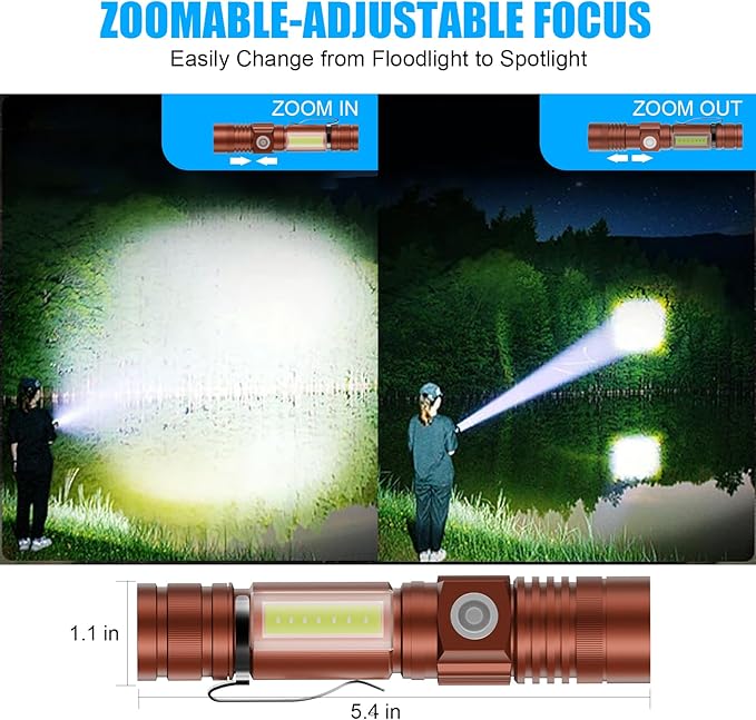 Flashlight USB Rechargeable, Magnetic LED Flashlight, Super Bright LED Tactical Flashlight with Cob Sidelight, 2000LM, Waterproof, Zoomable Best Small LED Flashlight for Camping, Emergency - Brwon