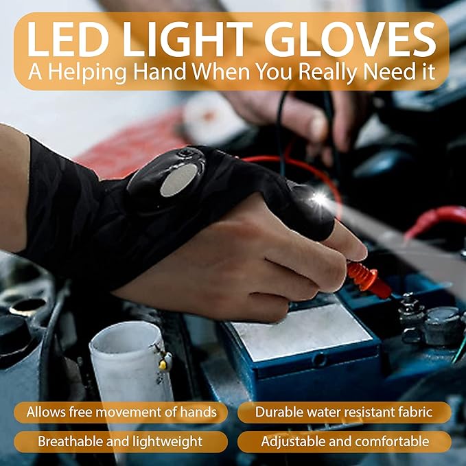 LED Flashlight Gloves for Men Women – Bright Lighted Fingerless LED Gloves for Handyman, Plumber, Mechanic Elastic Design, Waterproof, Battery Powered – Unique Gift Cool Gadgets for Men, Dad, Husband