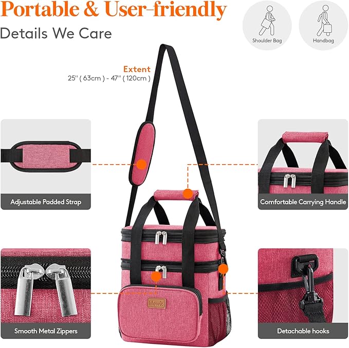 Lifewit Lunch Box for Men Women Double Deck Lunch Bag, Large Insulated Soft Cooler Bag, Leakproof Soft Meal Prep Lunch Tote with Shoulder Strap for Adults for Work/Flight/Travel, 12L/16Can, Pink