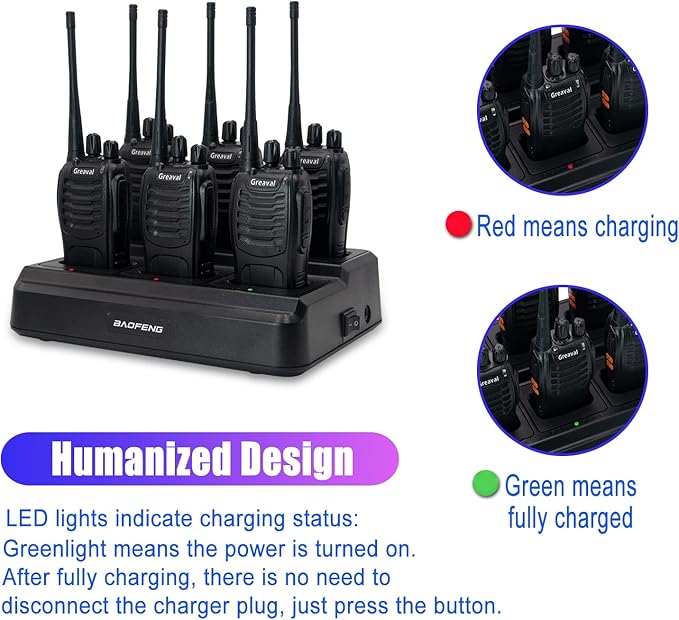 GV-8S Long Range Walkie Talkies with Six-Way Multi-Unit Charger for Adults, 6 Pack Rechargeable Walkie Talkies with 12 Li-ion Batteries, Two-Way Radio with Earpieces and Mic