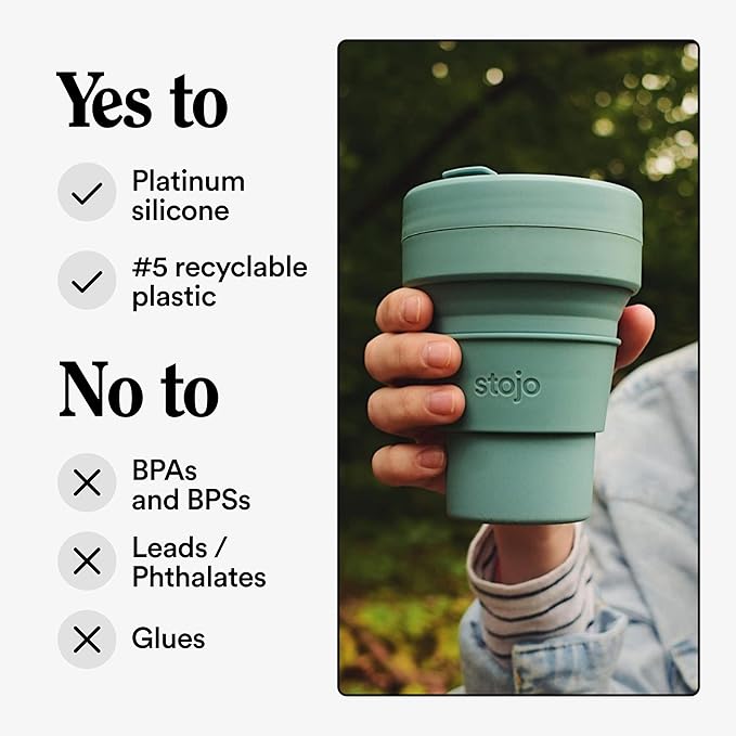 STOJO Collapsible Travel Cup - Eucalyptus, 12oz / 355ml - Reusable to-Go Pocket Size Silicone Cup for Hot and Cold Drinks - Perfect for Camping and Hiking - Microwave & Dishwasher Safe