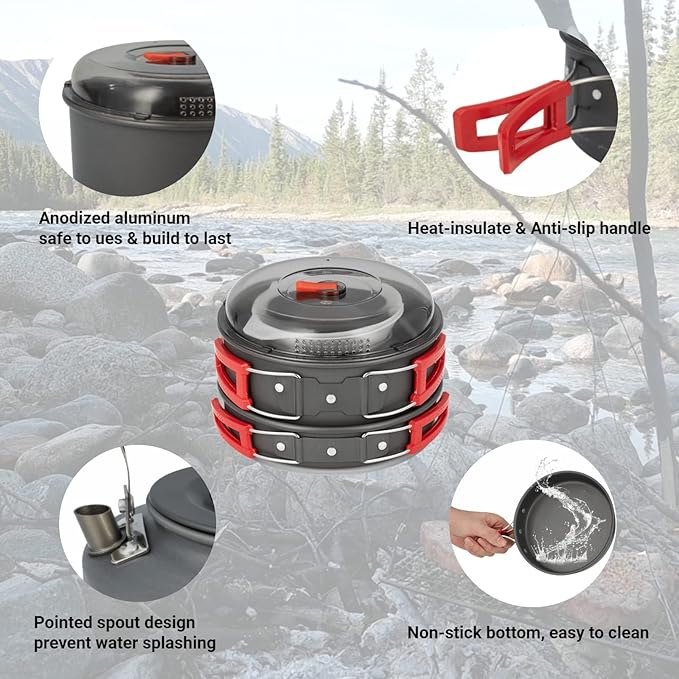 Bulin 24/13/11/8/4 PCS Camping Cookware Mess Kit Lightweight Backpacking Cooking Set Outdoor Cook Gear for Family Hiking, Picnic(Kettle, Pot, Frying Pan, Bowls, Plates, Spoon)