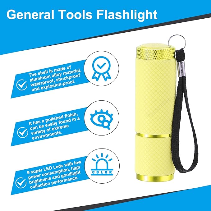 PATIKIL 9 LED Glow in Dark Flashlights, 2 Pcs Mini Aluminum Flashlight Rubber Coated Flashlight with Strap for Camping, Hiking, Party, Yellow