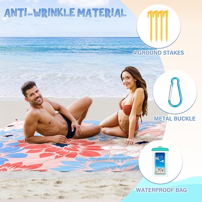 Beach Blanket Waterproof Sandproof 1-7 Adult Oversized 78 '' × 81 '' Lightweight Durable Compact Sand Free Beach Mat for Travel Camping Hiking Picnic Blanket Extra Large