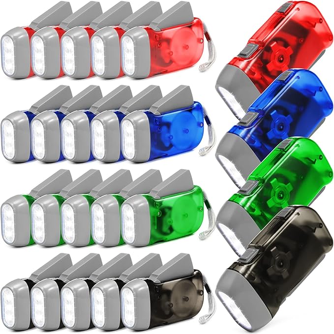 Mudder 24 Pieces Hand Crank Flashlight No Battery Flashlight with LED Self Powered Charging Torch Dynamo for Camping Emergency (Green, Grey, Blue, Red)