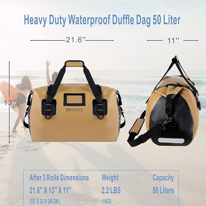 Waterproof Duffel Bag 50L Dry Duffle Bag Heavy Duty Large drybag,Durable Straps And Handles,Large And Big Space,Heat Seal Finishing For Camping,Kayaking,Rafting,Boating,Travel (Khaki)