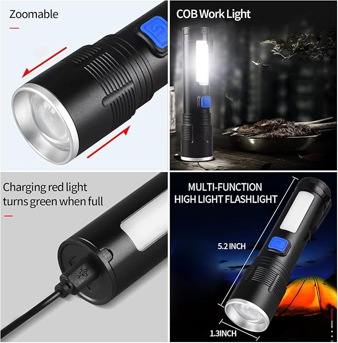 High Lumens Rechargeable Tactical Flashlights,Super Bright 100000 Lumen Flashlight, COB Work Light,3 Modes Zoomable Emergency Camping Led Flashlights.