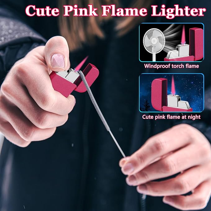 2 Pack Pink Flame Torch Lighter,Cute Glitter Pink Lighter,Refillable Butane Lighter, Windproof Lighter for Outdoor Camping BBQ Candle,Nice Gift for Girls,Women on Birthday,Mother's Day Without Butane
