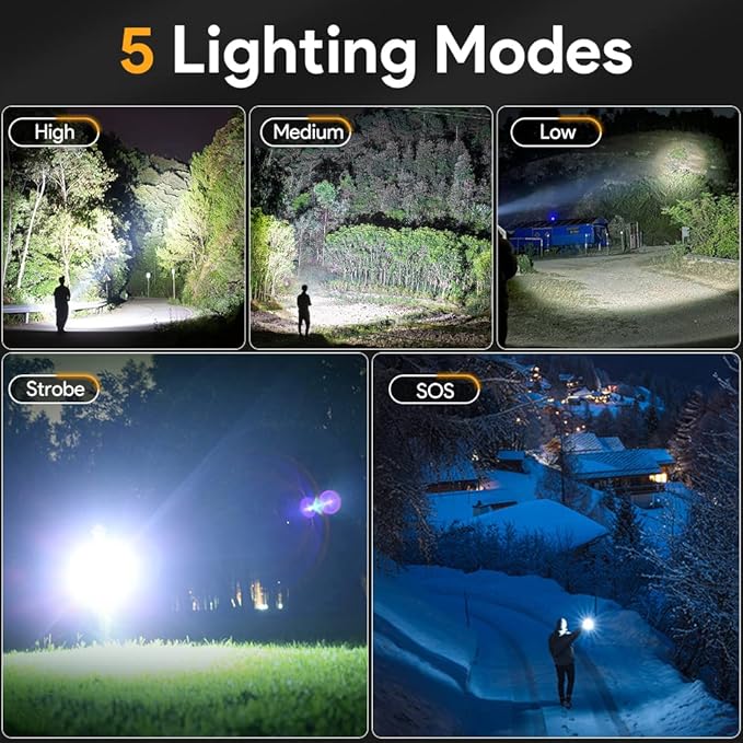 2 Pack Rechargeable Flashlights 10000 High Lumens with Cob Sidelight,Waterproof,Zoomable,5 Modes,LED Flashlight for Emergency Camping Hiking(with Battery)
