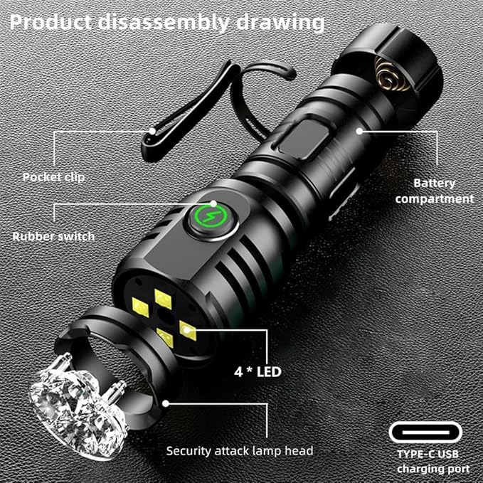 ALONEFIRE H64 Mini LED Flashlight Type C USB Rechargeable Bright 4 LED Light Source Small Torch 8 Modes Waterproof Long Battery Life with Tail Magnet, Clip, Battery for Outdoor, EDC Carry, Hiking