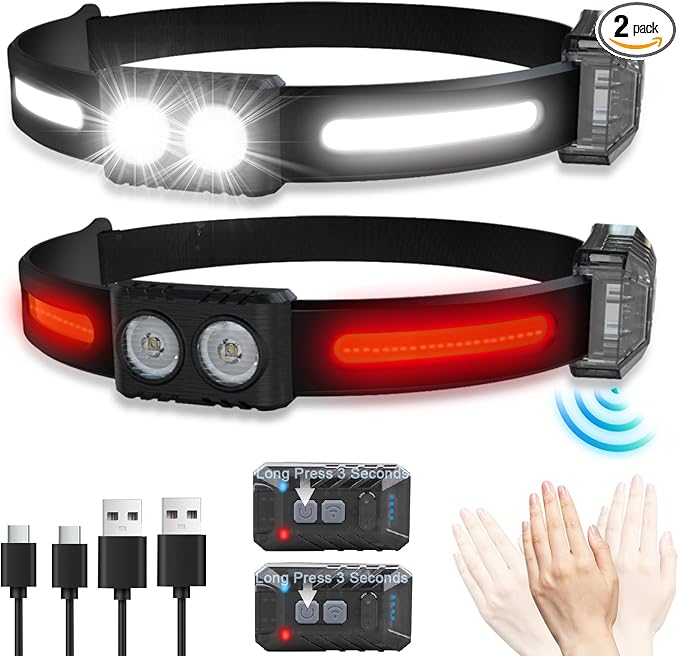 Headlamp Rechargeable,1200 Lumen Ultra-Light Bright Headlamp Flashlight,LED Rechargeable Headlight with White Red Light,5 Mode Waterproof Motion Sensor Head Lamp,for Fishing,Running,Camping,Cycling