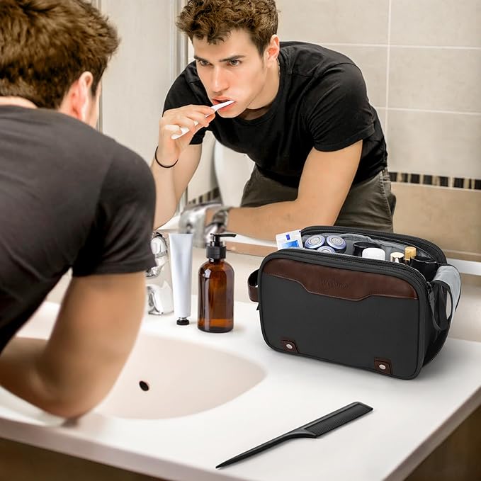 Wedama Toiletry Bag for Men, Medium Hanging Travel Toiletry Bag, Extra Electronic Organizer Bag Waterproof Shaving Bag for Toiletries with PU Handle for Travel Business Trips Swim Camping, Grey