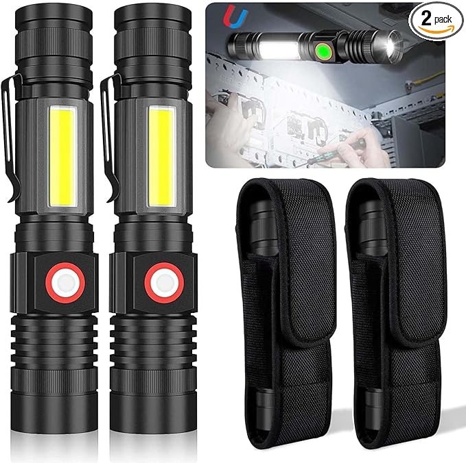 USB Rechargeable Flashlight, Magnetic LED Flashlight, 2000 Lumen Super Bright LED Tactical Flashlight with Cob Worklight,Waterproof,Zoomable Small LED Flashlight for Camping, Flashlight with Holsters